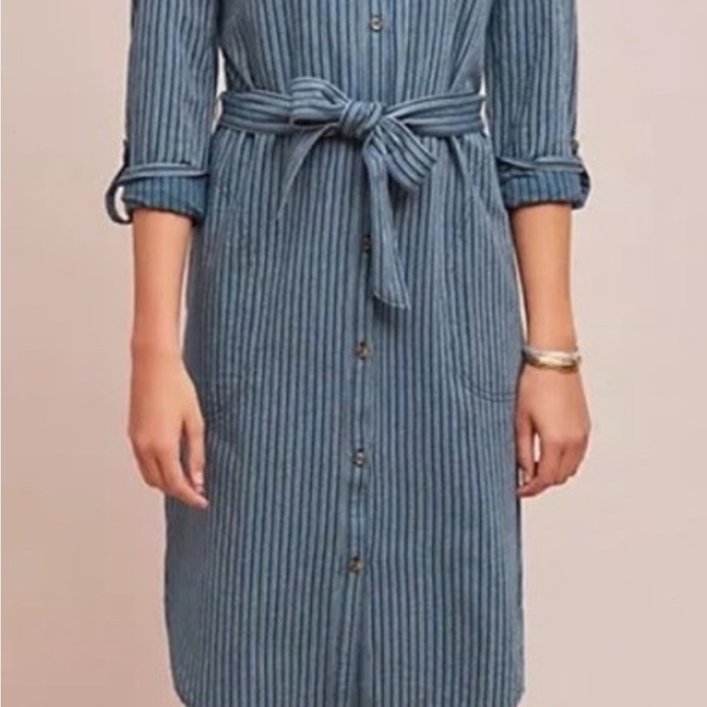 Anthropologie Womens (0) Bellamy Button Down Shirt Dress Linen Blend Blue